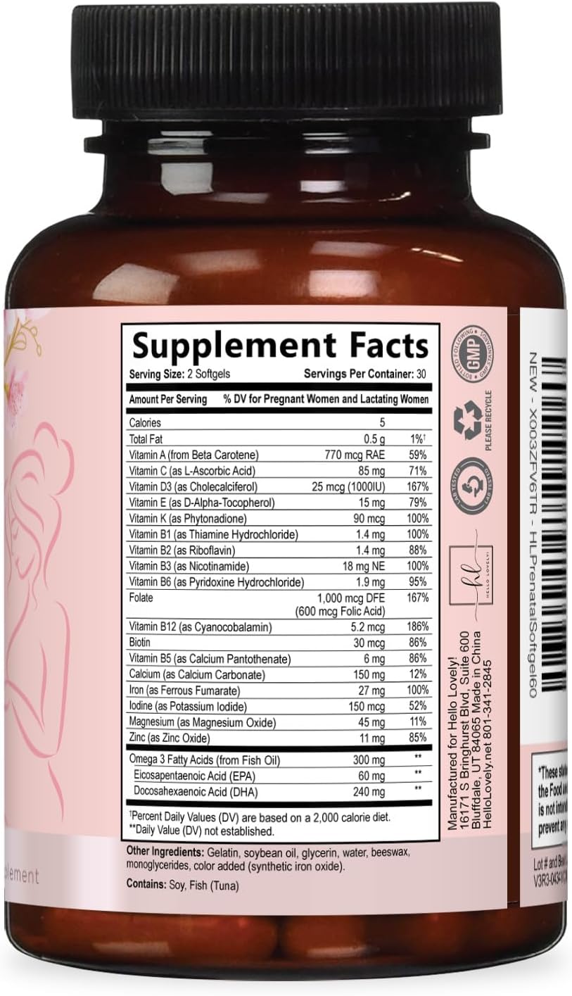Hello Lovely! Prenatal Vitamins with Folic Acid, DHA and Iron – Daily Pregnancy Multivitamin (60 Softgels) - görsel 9