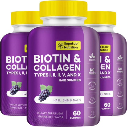 Biotin with Collagen Gummies for Skin, Hair, Nails, Joints & Bones Health, Grapefruit Flavour, 60 Gummies
