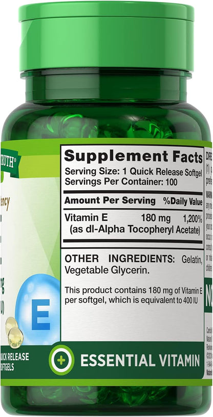 Nature's Truth High Potency Vitamin E 400 IU Quick Release Soft gel capsules - 100 Count, Pack of 2