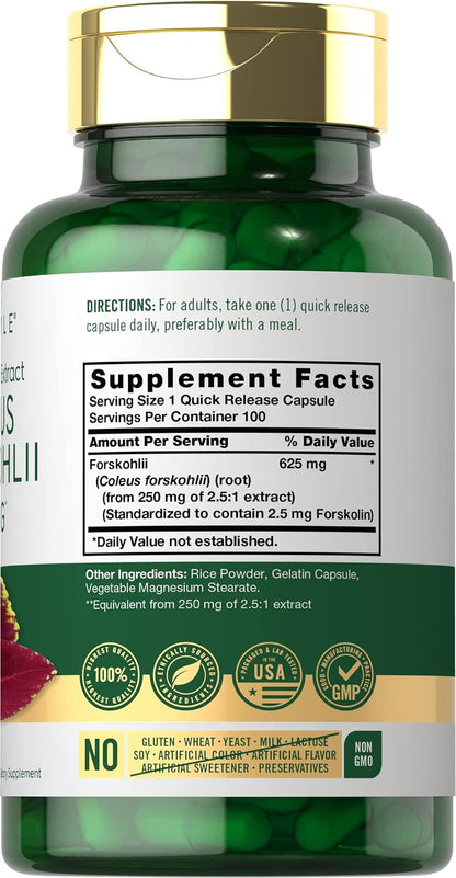 Carlyle Coleus Forskohlii Capsules | 100 Capsules | Standardised Forskolin Extract Supplement | Non-GMO & Gluten-free