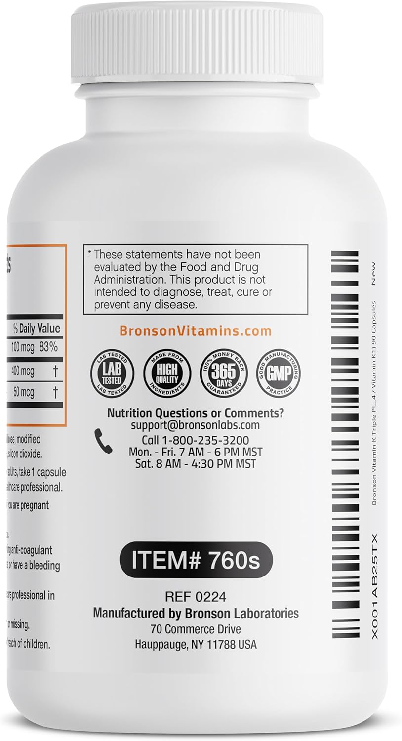 Bronson Vitamin K Triple Play (Vitamin K2 MK7 / Vitamin K2 MK4 / Vitamin K1) Full Spectrum Complex, 90 Capsules - görsel 7