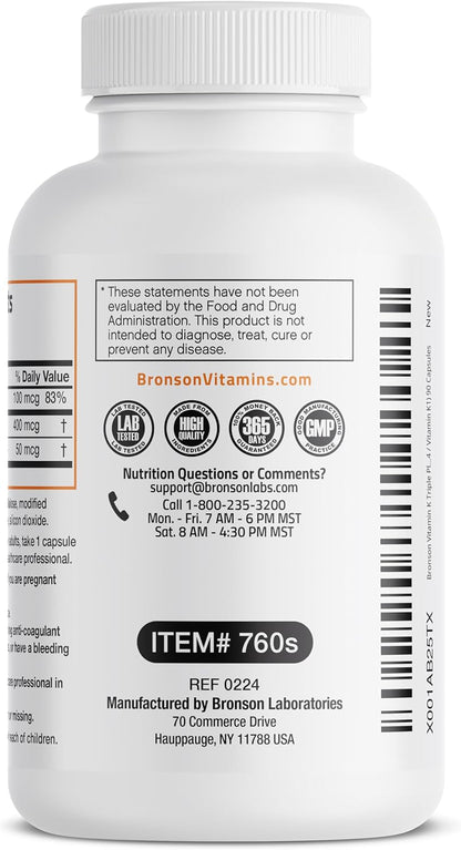 Bronson Vitamin K Triple Play (Vitamin K2 MK7 / Vitamin K2 MK4 / Vitamin K1) Full Spectrum Complex, 90 Capsules