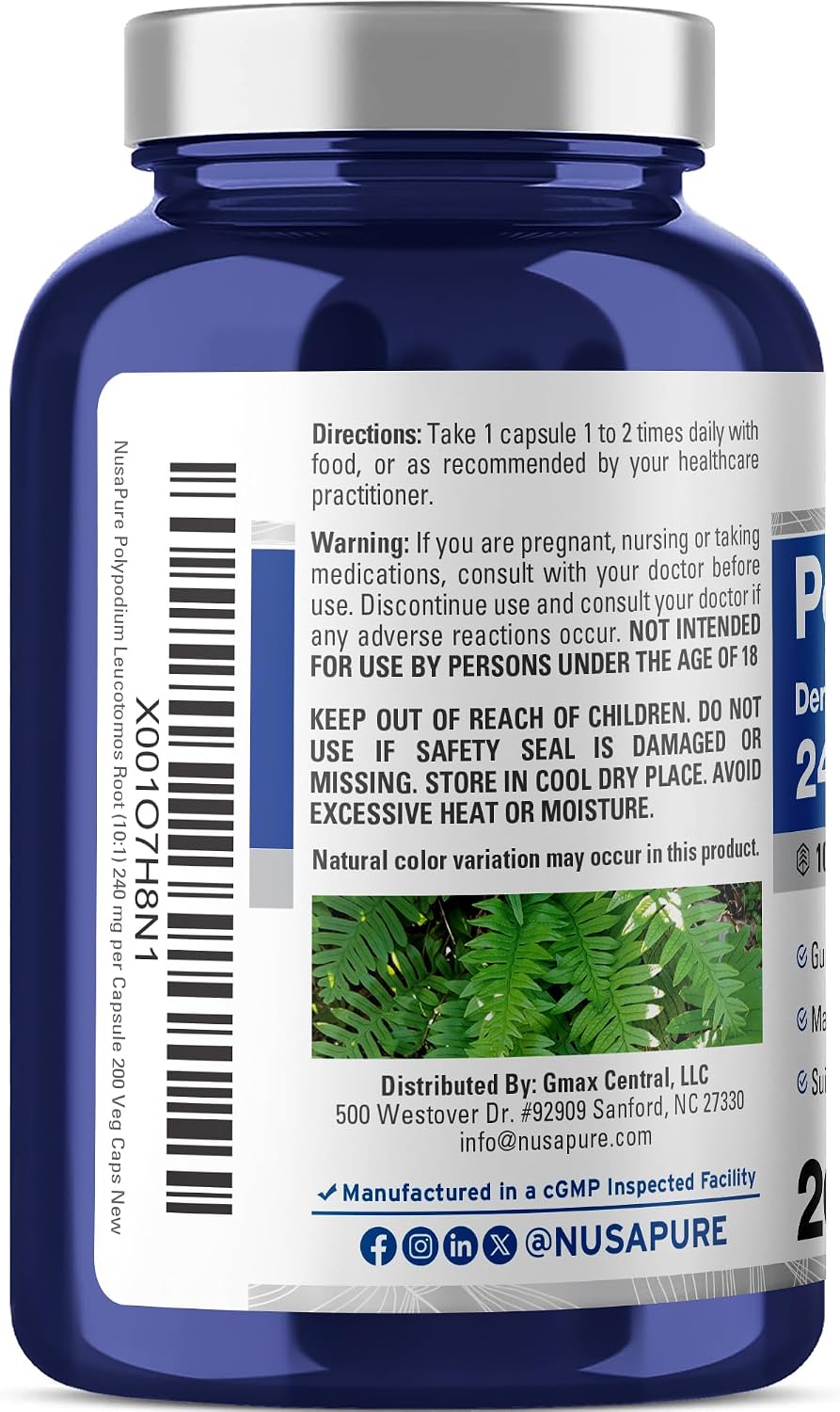 NusaPure Polypodium Leucotomos Capsules, 240 mg, 200 Veg Capsules - görsel 2