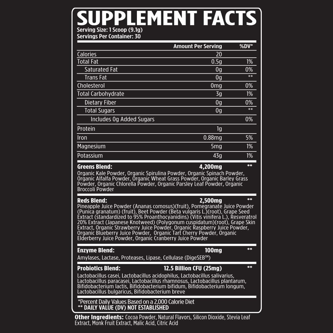 VMI Sports Greens + Reds Advanced Superfood for Immune Support and Digestive Health | Enzymes & Probiotics | 30 Servings (Chocolate) - görsel 2