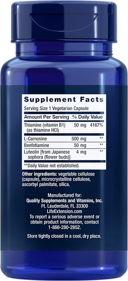 Life Extension Super Carnosine, L-Carnosine, Luteolin, Vitamin B1, 60 Capsules
