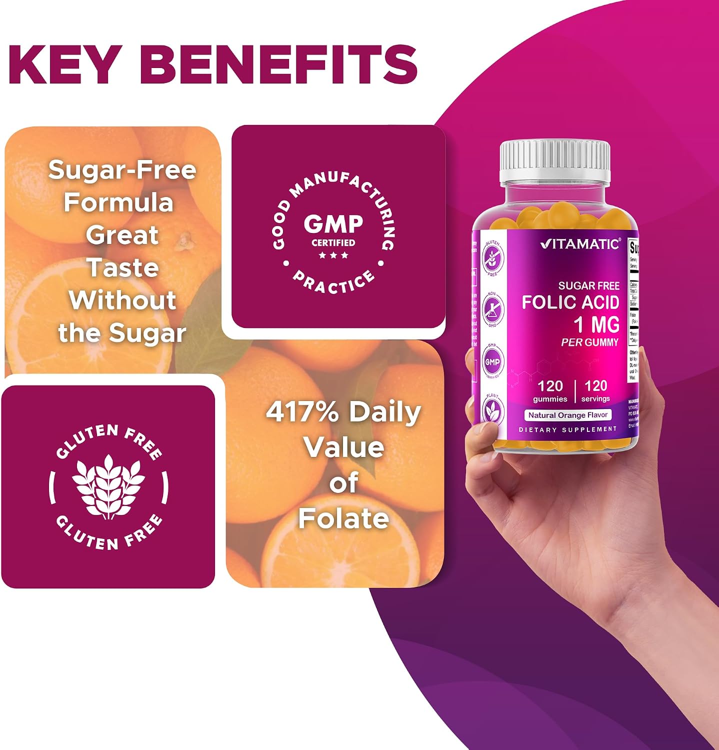 Vitamatic Folic Acid Gummies 1000 mcg (1 mg) – Vitamin B9 (1667 mcg DFE) – Sugar Free – Prenatal & Cellular Health Support – Natural Orange Flavour – Vegan, Non-GM – 120 Gummies - görsel 5
