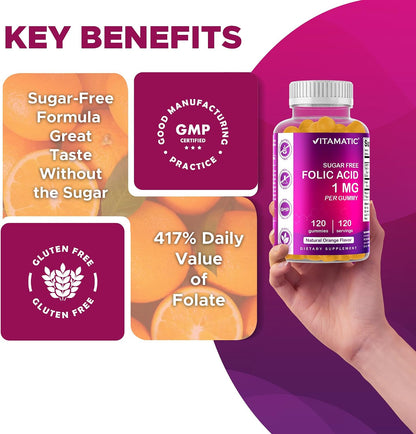 Vitamatic Folic Acid Gummies 1000 mcg (1 mg) – Vitamin B9 (1667 mcg DFE) – Sugar Free – Prenatal & Cellular Health Support – Natural Orange Flavour – Vegan, Non-GM – 120 Gummies