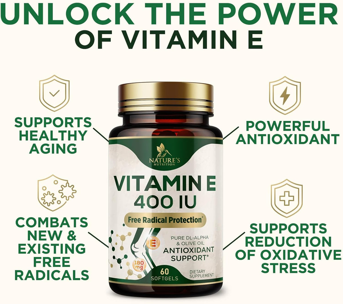 Vitamin E 180mg Per Serving - dl-Alpha Tocopherol Supplement for Skin and Immune Support - 60 Soft gel capsules - görsel 7