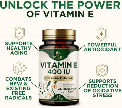 Vitamin E 180mg Per Serving - dl-Alpha Tocopherol Supplement for Skin and Immune Support - 60 Soft gel capsules