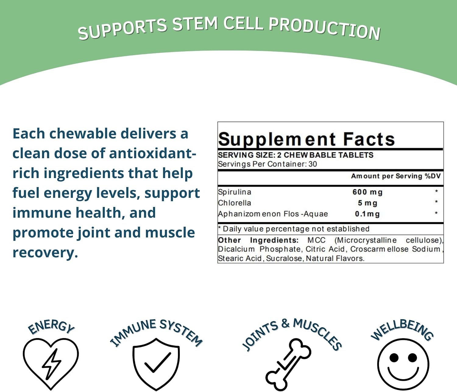 Bioxtron Natural Stem Cell Supplement Chewable Tablets - Spirulina, Chlorella, AFA - Supports Energy, Joint, Muscle, Immune Health - 60 Tablets - görsel 5