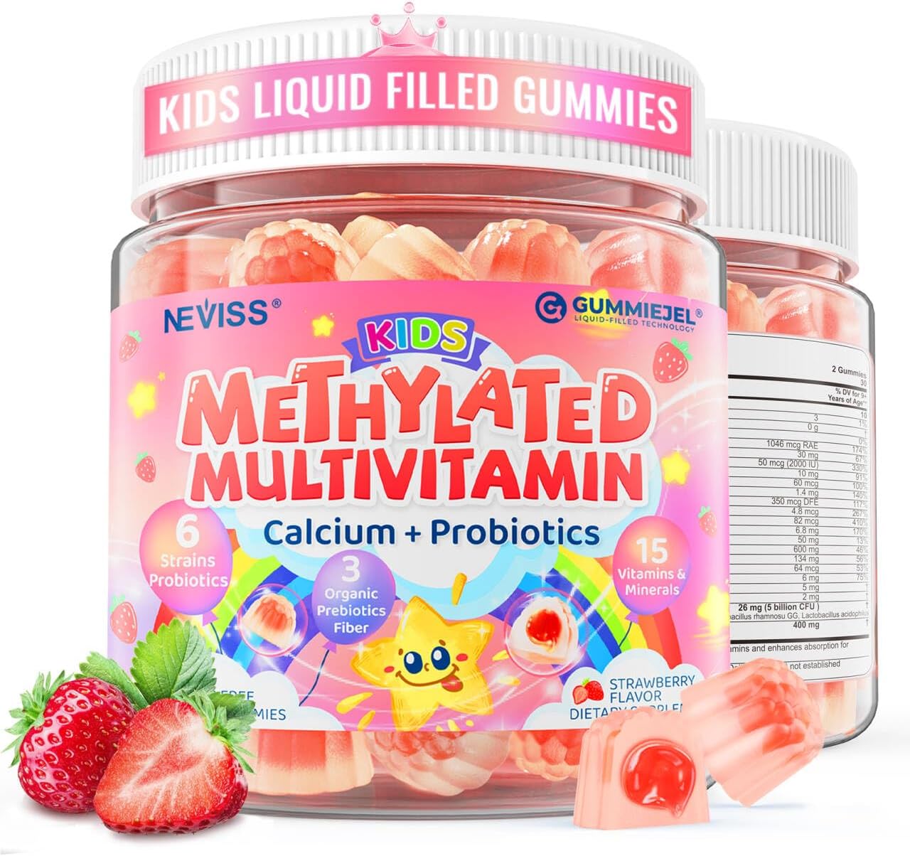 Kids Multivitamin Gummies + Calcium, Probiotics, Vitamin D3, C, Methylated B12 & Methylfolate, B6, A, K2, E, Zinc, Prebiotics for Children Ages 4+, Clean & Sugar Free, for Nutritional Support, 60 Cts - görsel 1