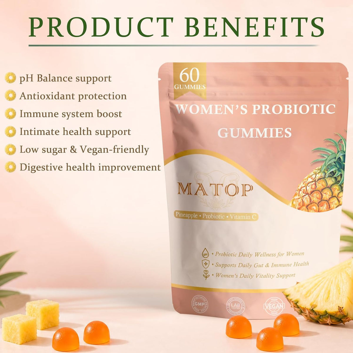 MATOP Women’s Probiotic Pineapple Gummies – Gut Health & pH Balance Daily Digestive Feminine Wellness, Vegan Sugar-Free, 60 Count - görsel 2