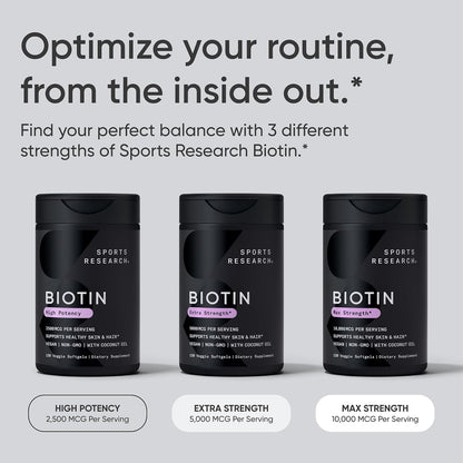 Sports Research Biotin 5,000mcg with Organic Coconut Oil - Vitamin B7 for Healthy Hair and Skin Support - Vegan, Non-GMO, Gluten & Soya-Free - 30 Veggie Softgels