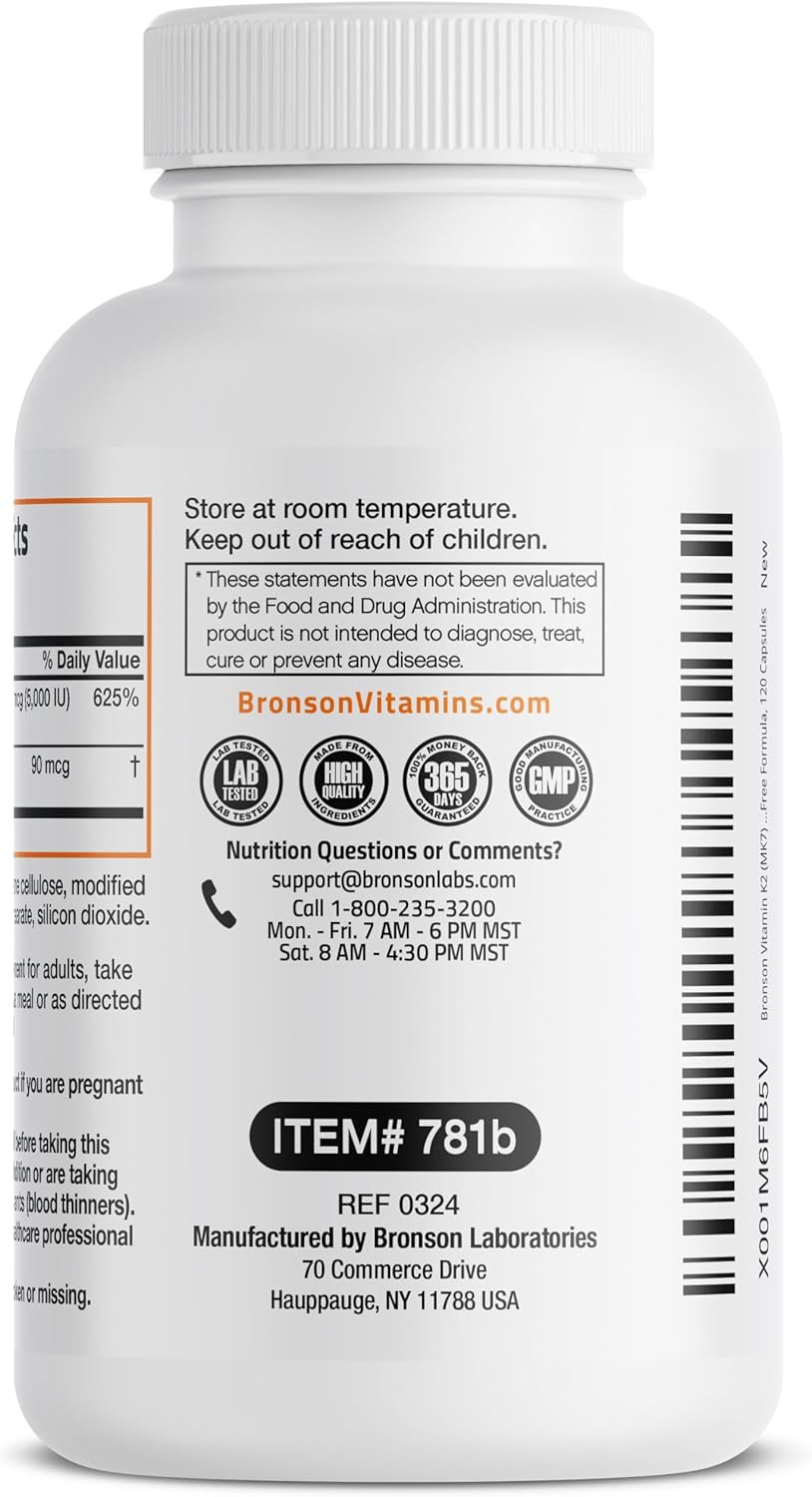 Bronson Vitamin D3 K2 (MK-7) Supplement - 5000 IU D3 & 90 mcg K2, 120 Capsules - görsel 7