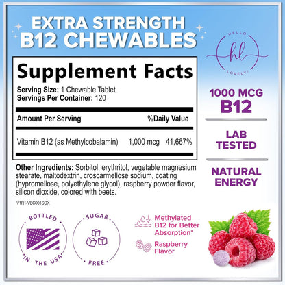 Vitamin B12 1000 mcg Chewable Tablets - Methylcobalamin B12 Complex for Energy, Heart & Nerve Support - Fast Dissolve, 120 Tablets