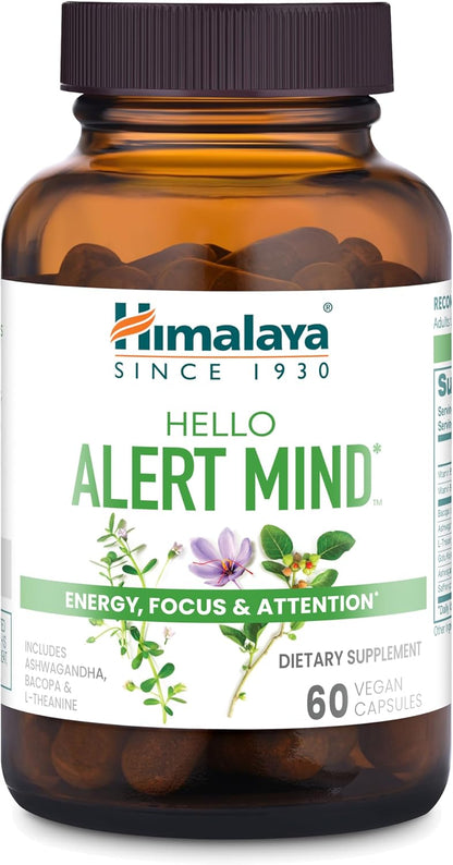 Himalaya Hello Alert Mind - Brain Support with L-Theanine, Ashwagandha, Bacopa, Vitamin B6 & B12, 60 Capsules