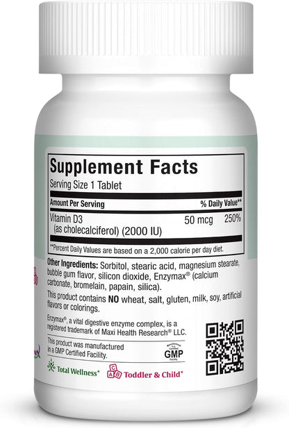 Maxi Health Chewable Vitamin D3 2000 IU Supplement - Delicious Natural Bubble Gum Flavour - Supports Calcium Absorption, Immune and Bone Health - 200 Chews