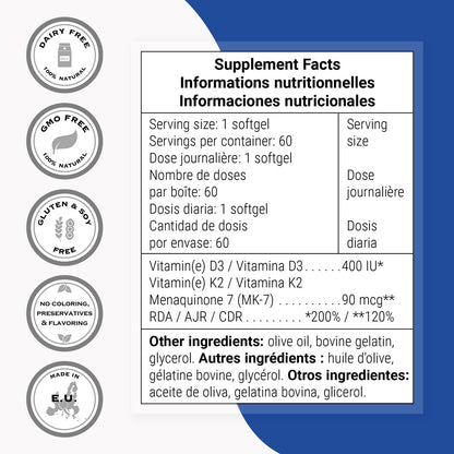 Supersmart Vitamin K2 MK-7 with Vitamin D3, 90 mcg, 60 Soft gel capsules