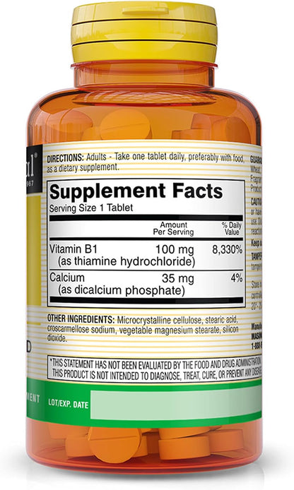 MASON NATURAL Vitamin B1 (Thiamine) 100 mg – Contributes to Normal Energy Metabolism, Nerve, Heart & Immune Health, 100 Tablets