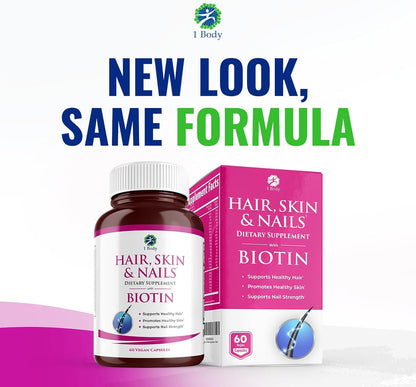 1 Body Hair, Skin & Nails with Biotin, Vegan Vitamins, Twin Pack