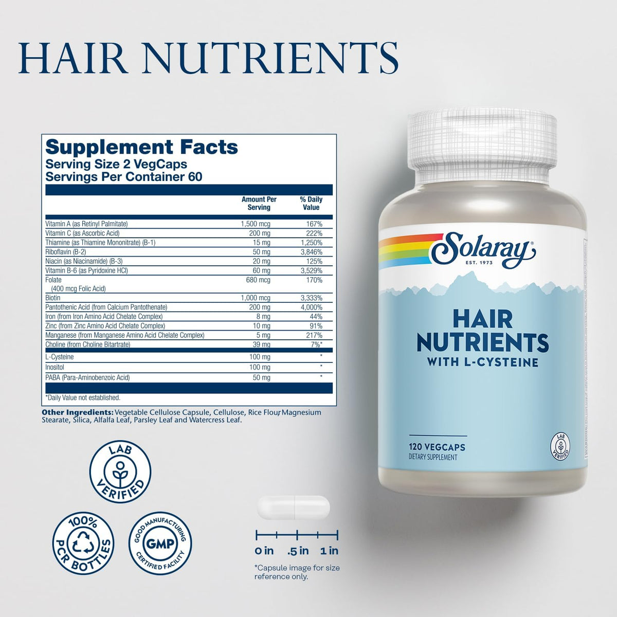 SOLARAY Hair Nutrients Supplement – Biotin, L-Cysteine, Iron, Zinc – 120 Veg Capsules - görsel 2