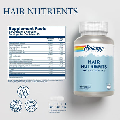 SOLARAY Hair Nutrients Supplement – Biotin, L-Cysteine, Iron, Zinc – 120 Veg Capsules