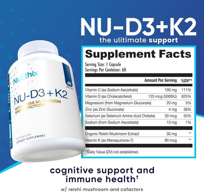 NuEthix Formulations NU-D3 + K2 - Vitamin D3 and K2 5000 IU Food Supplement with Reishi Mushroom, Magnesium & Zinc - 60 Capsules