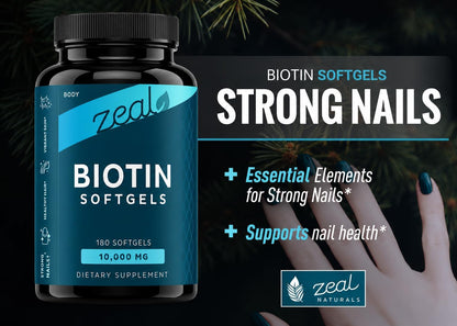 Zeal Biotin 10000mcg Oil Softgels - Hair, Skin & Nails Support - 180 Softgels