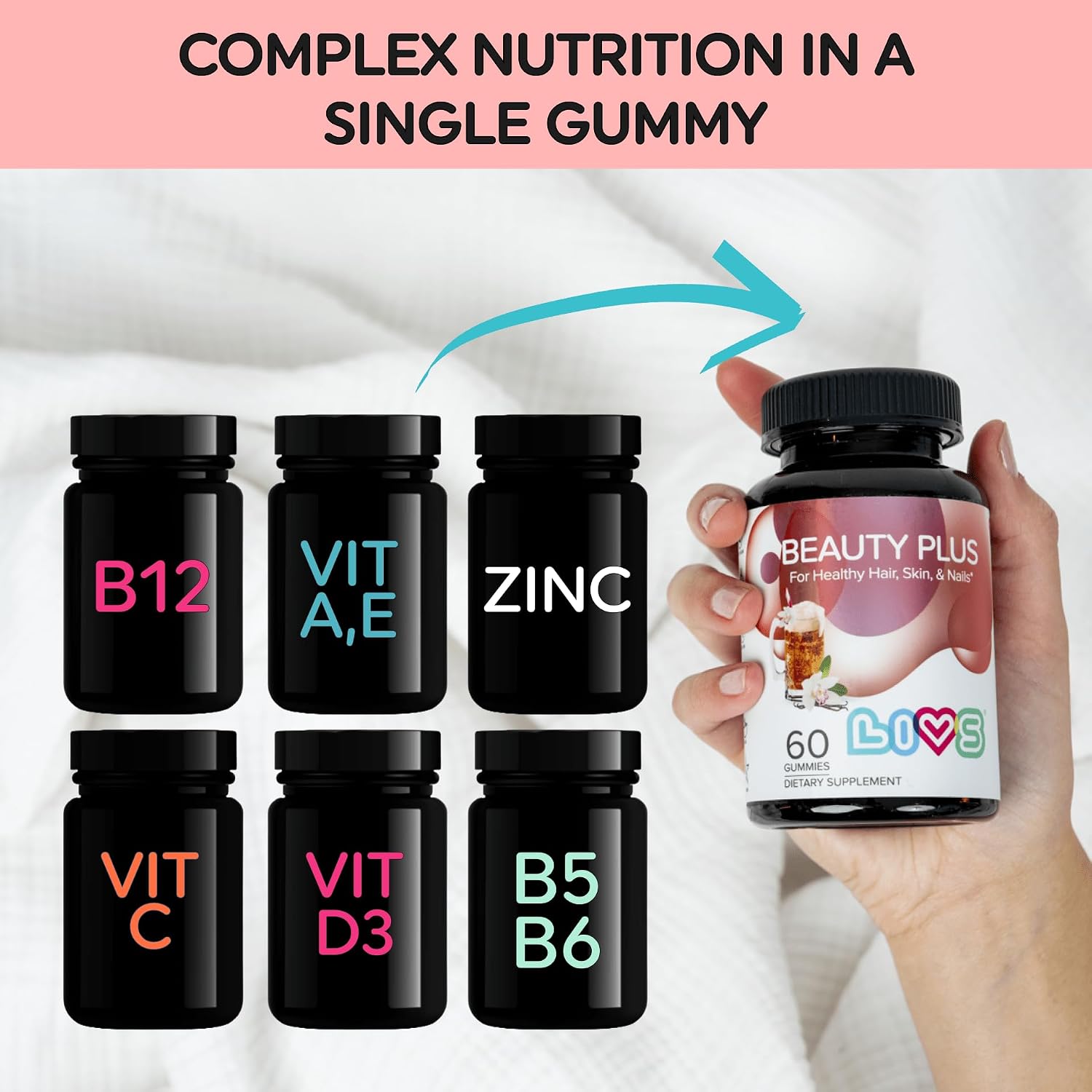 LIVS Beauty Plus Gummy Vitamins - Biotin Gummies for Hair, Skin and Nails - Cream Soda Flavour - 120 Gummies - görsel 6