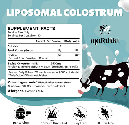 Marafiki Liposomal Bovine Colostrum Supplement - Grass Fed Colostrum Powder, High Bioavailability, 60 Servings