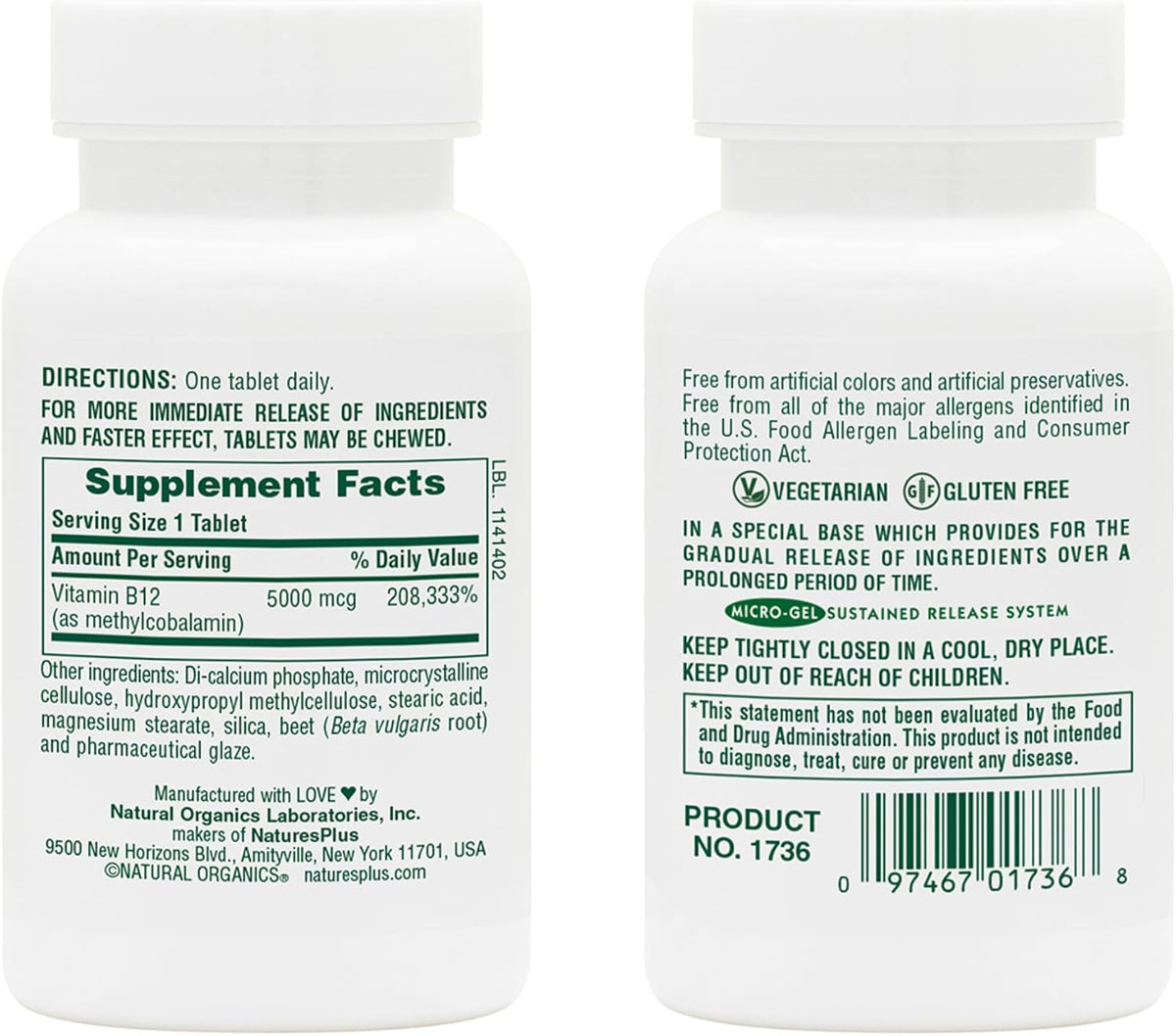 NaturesPlus Shot-O-B12 5000 mcg Sustained Release Vitamin B12 Tablets, Pack of 2 (120 Tablets) - görsel 2