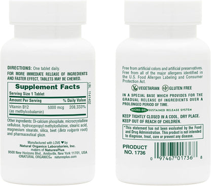 NaturesPlus Shot-O-B12 5000 mcg Sustained Release Vitamin B12 Tablets, Pack of 2 (120 Tablets)