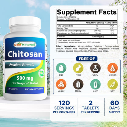 Best Naturals Chitosan 500 mg - 120 Tablets (Pack of 3)