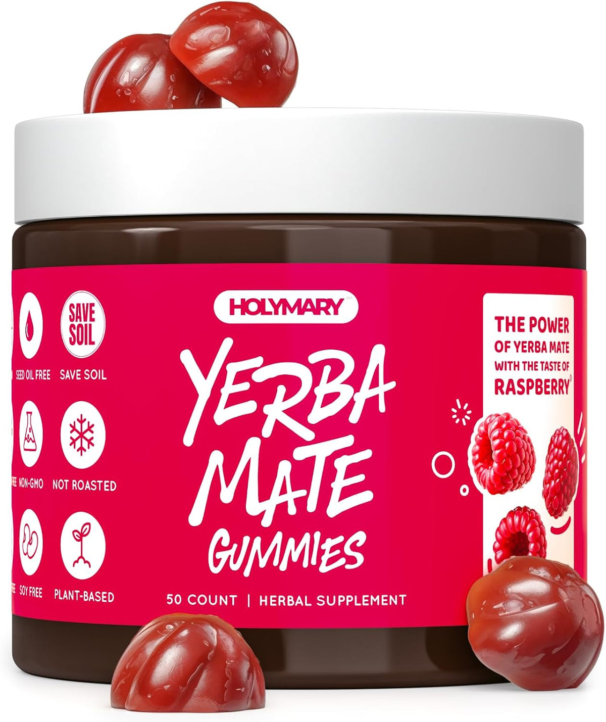 HOLYMARY Yerba Mate Gummies, Raspberry Flavour - Energy, Focus, Power - Vegan, Non-GMO, Natural Ingredients, Gluten-free, 50 Gummies - görsel 1