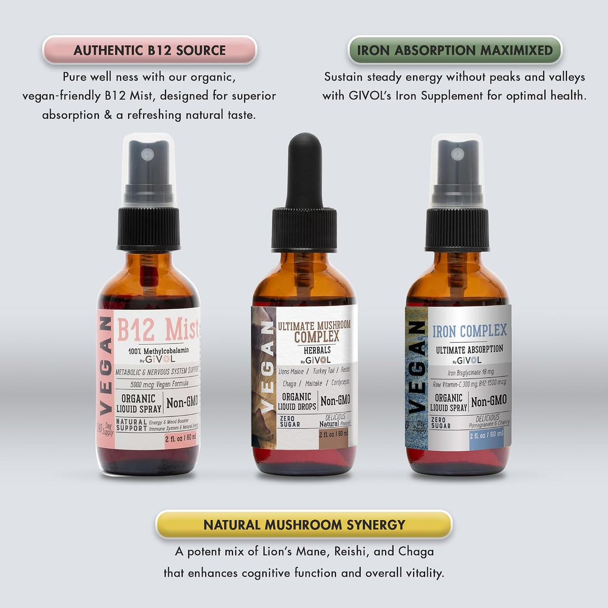 GIVOL Ultimate Vegan Essential Bundle Liquid Spray – Mushroom Complex, Iron Bisglycinate, and Vitamin B12 Methylcobalamin, All Natural, Non-GMO, Gluten-free, Sugar Free (3 x 60 ml, 360 Day Supply) - görsel 3