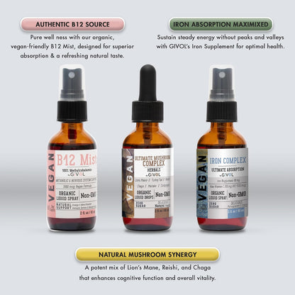 GIVOL Ultimate Vegan Essential Bundle Liquid Spray – Mushroom Complex, Iron Bisglycinate, and Vitamin B12 Methylcobalamin, All Natural, Non-GMO, Gluten-free, Sugar Free (3 x 60 ml, 360 Day Supply)