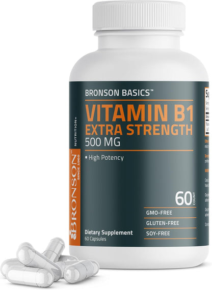 Bronson Vitamin B1 Extra Strength 500 mg – High Potency Thiamine Supplement, 120 Capsules