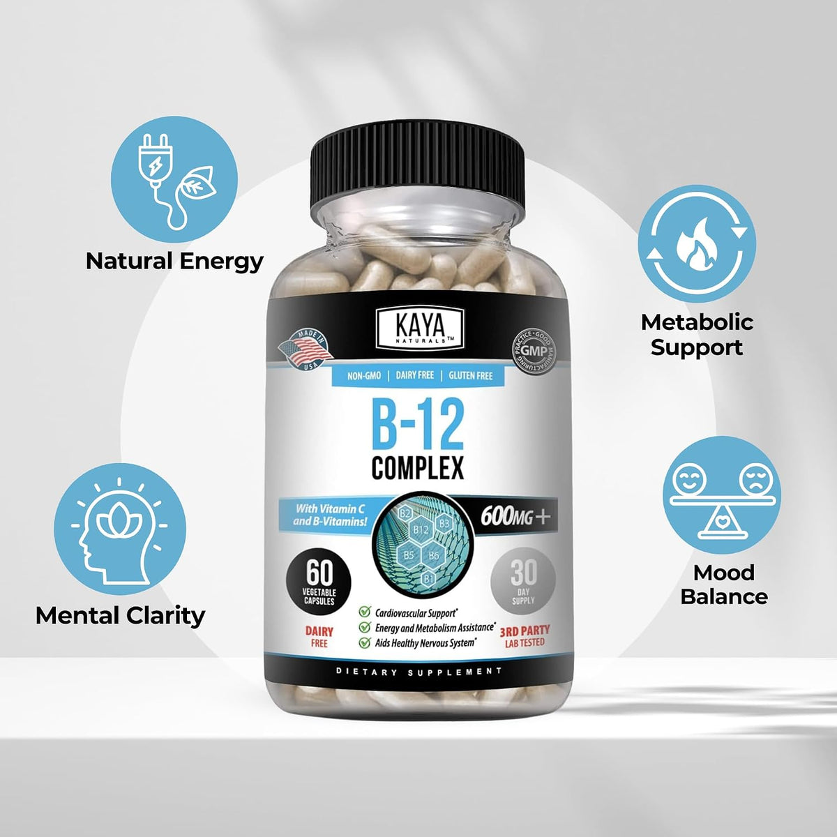 Kaya Naturals B-12 Complex | Multivitamin Supplement for Women & Men | Energy and Metabolism Support | with Biotin, Choline, Inositol, Folate, and Vitamin C – 60 Capsules - görsel 4