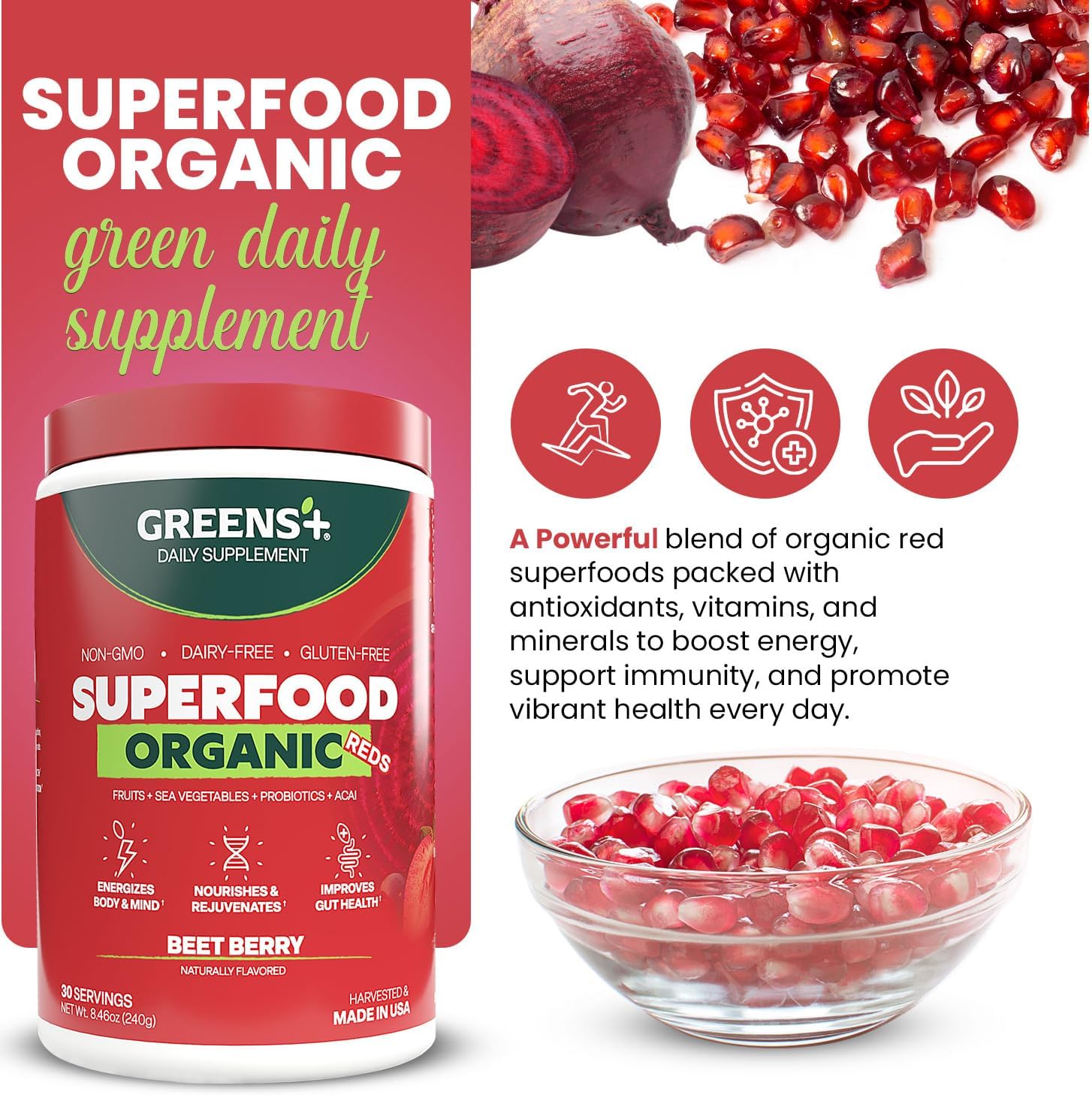 Greens+ Organic Reds Superfood Powder - Antioxidant Rich Superfood Blend (240g) - görsel 2