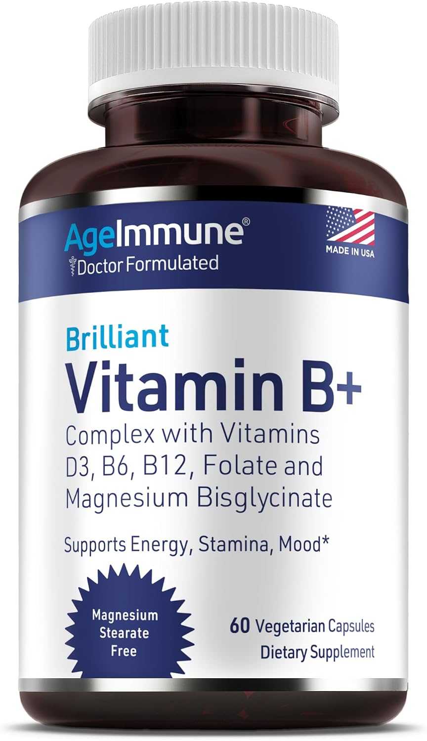 AgeImmune Vitamin B Complex with Vitamin D3, B12, B6, Magnesium Bisglycinate, and Folate as Methylfolate – 60 Capsules – No Niacin - görsel 1