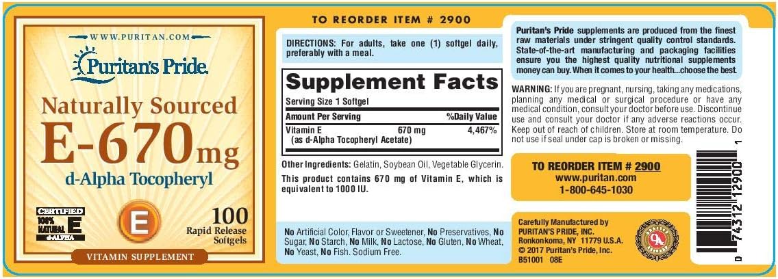 Puritan's Pride Vitamin E- 670 mg 100% Natural - 100 Softgels - görsel 2