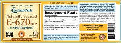 Puritan's Pride Vitamin E- 670 mg 100% Natural - 100 Softgels