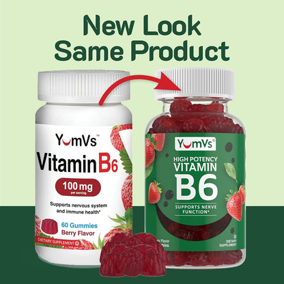 YUM-V'S Vitamin B6 Gummies – High Potency 100mg – Strawberry Flavour – Nerve & Immune Function Support – 60 Count (2 Pack)