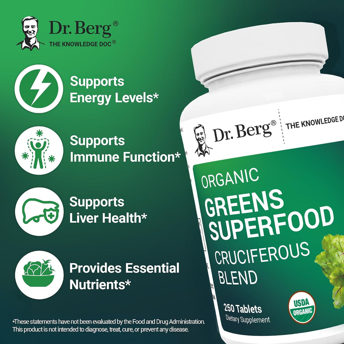 Dr. Berg's Greens Superfood Cruciferous Vegetable Tablets, 250 Tablets - görsel 3
