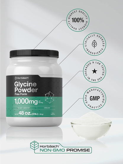 Horbäach Glycine Powder, 3 lb (1.36 kg) - Unflavoured, Vegetarian, Non-GMO, Gluten-free Free Form Amino Acid Supplement