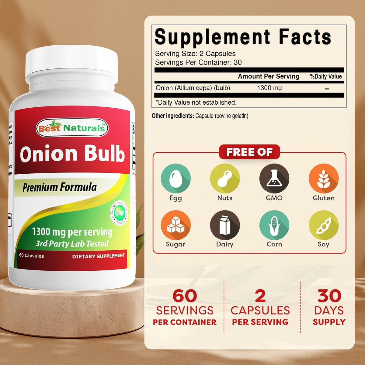 Best Naturals Onion Dried Bulb 1300mg per Serving - 60 Capsules - Also Called (Allium Cepa) - görsel 2