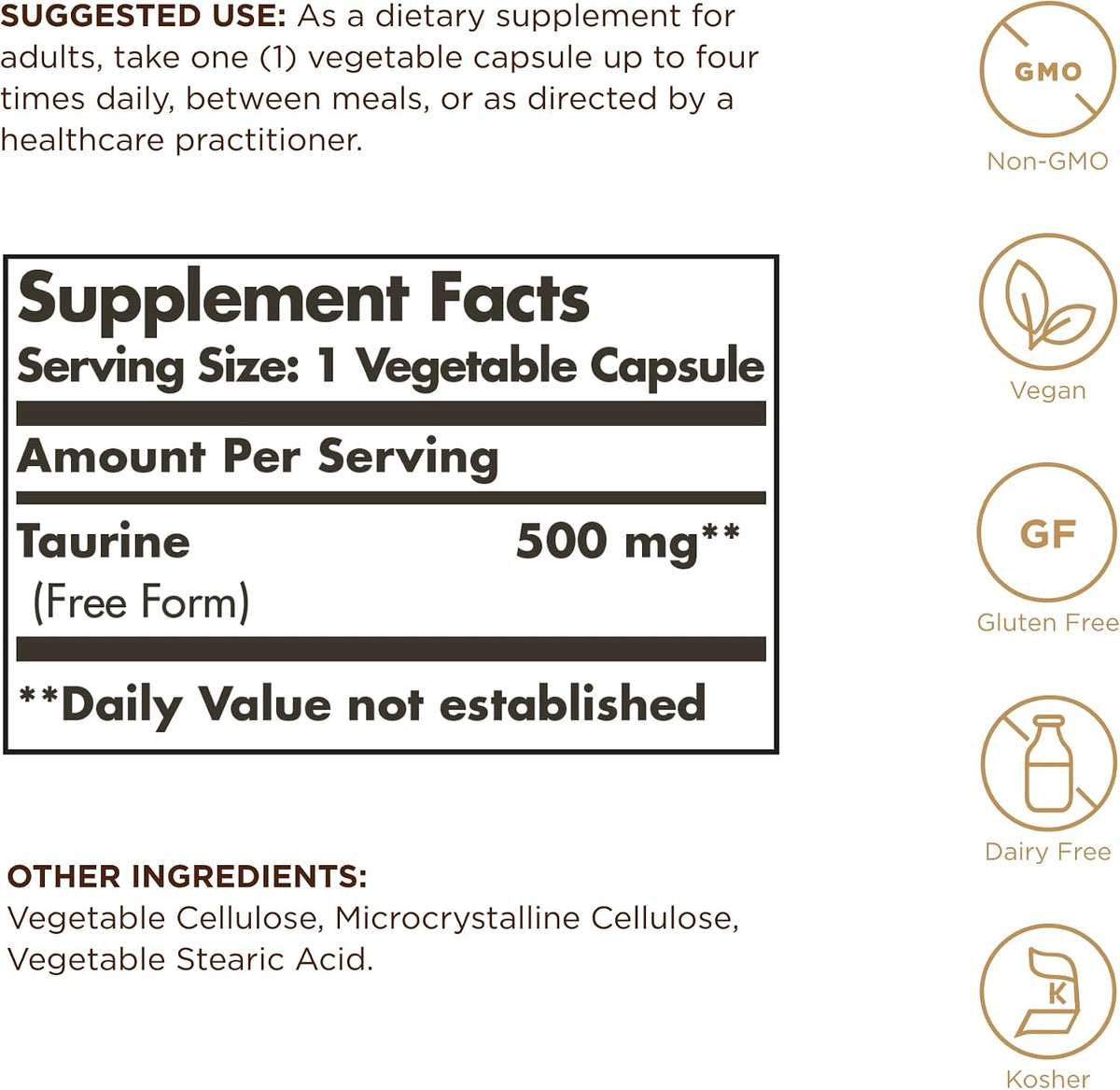 Solgar Taurine 500 mg Vegetable Capsules – 100 Capsules - görsel 2