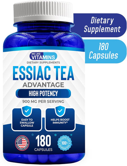 We Like Vitamins Essiac Tea Capsules - 180 Count - 900mg Daily Dose - Herbal Supplement with Burdock, Sheep Sorrel, Slippery Elm & Turkey Rhubarb