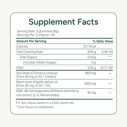 ROOT LABS Sea Moss Gummies - 120 Count (1600 mg) - with 92+ Minerals, KSM-66 Ashwagandha & Black Seed Oil, Vegan, No Added Sugar