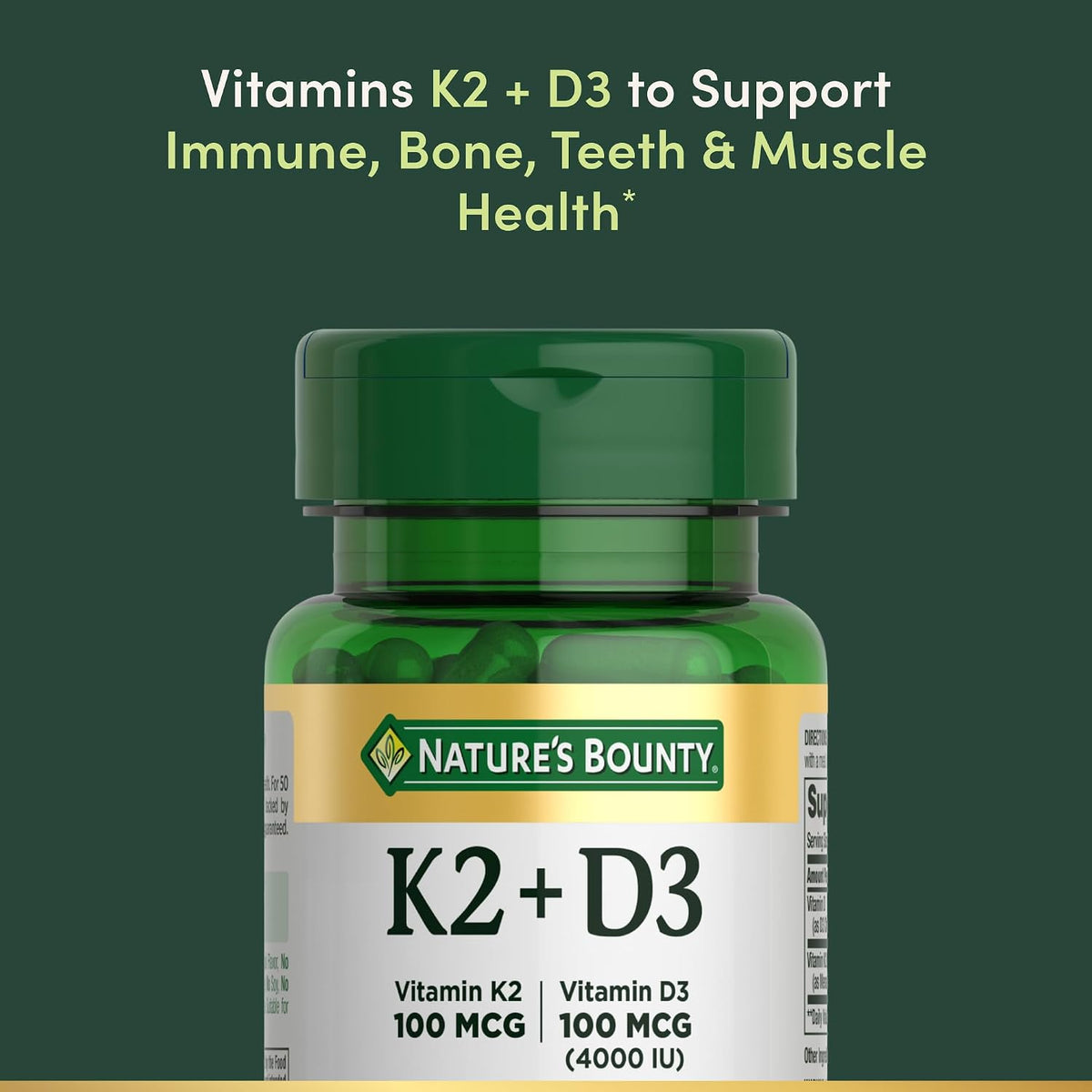 Nature's Bounty Vitamin D3 K2 Supplement, 4000 IU D3 + 100 mcg K2, 30 Vegetarian Capsules - görsel 3